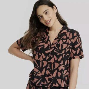 Women's A New Day Mediu Black Brown Linen Short Sleeve Button Up Camp Shirt